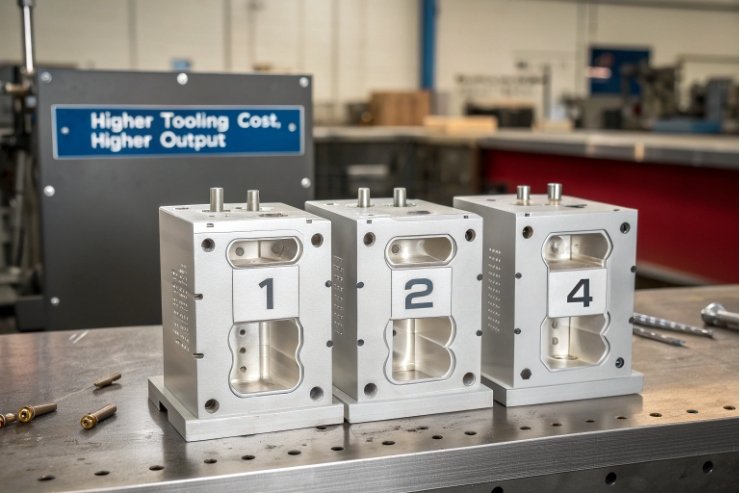Set of numbered multi-cavity metal bottle molds on factory workbench