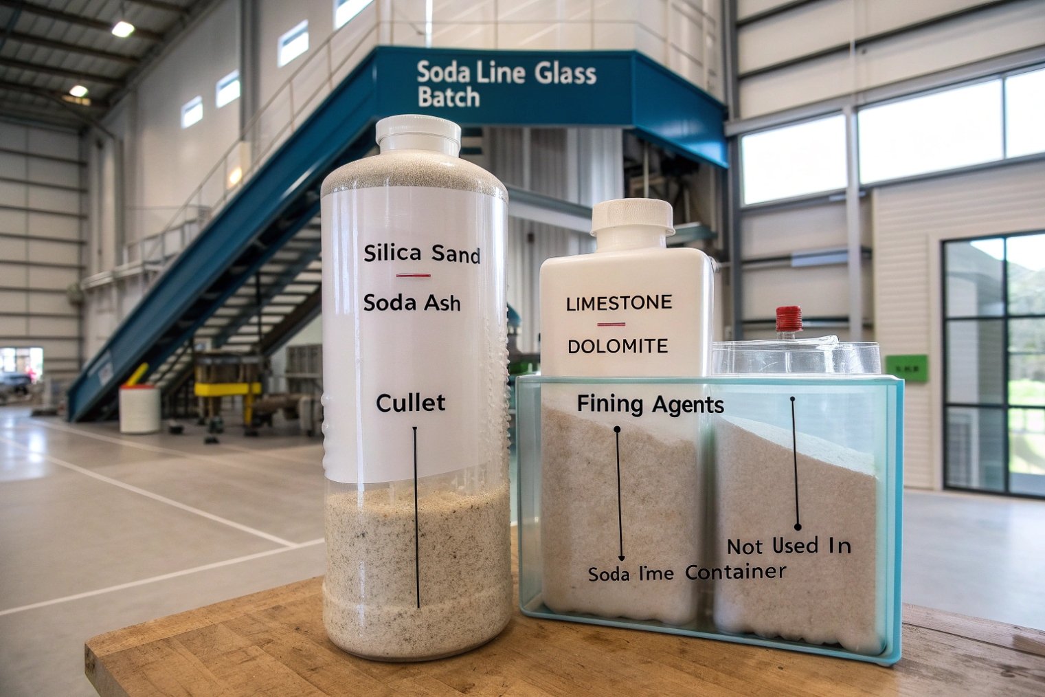 Soda-lime glass batch raw materials silica sand, soda ash, cullet, limestone and fining agents