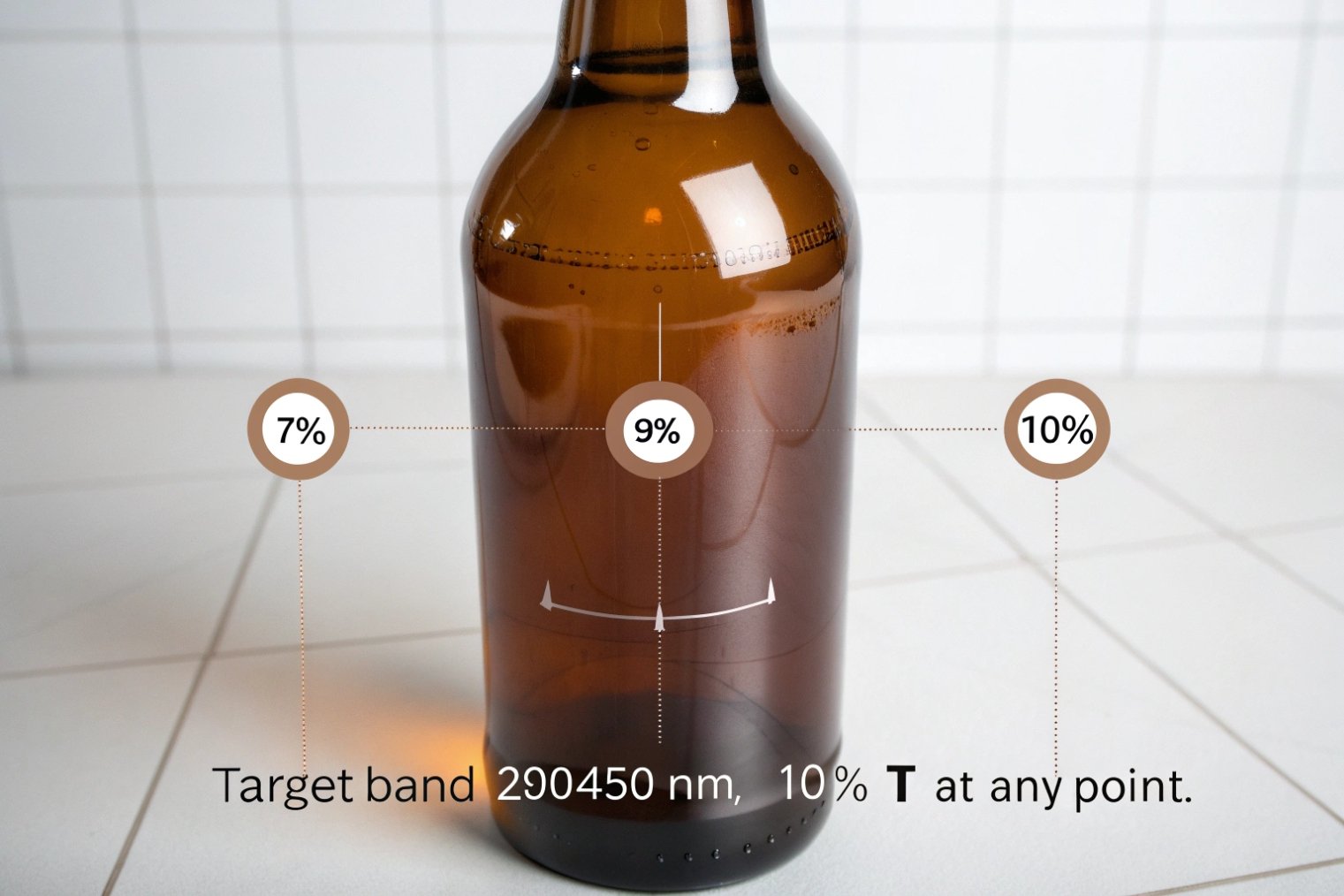 Amber beer bottle with mapped wall transmittance values of 7%, 9% and 10% and note ‘Target band 290–450 nm, 10% T at any point’