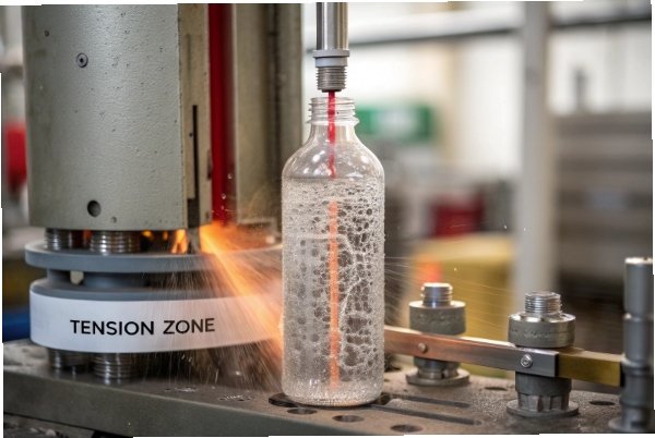 Glass bottle in tension zone during abrasion test with spray impact
