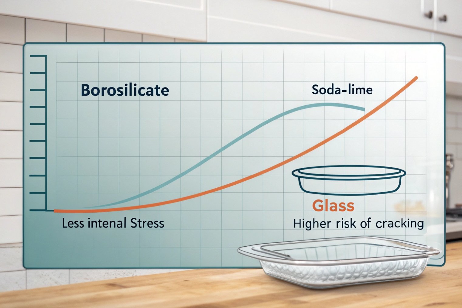 Chart comparing borosilicate and soda lime glass stress with oven dish