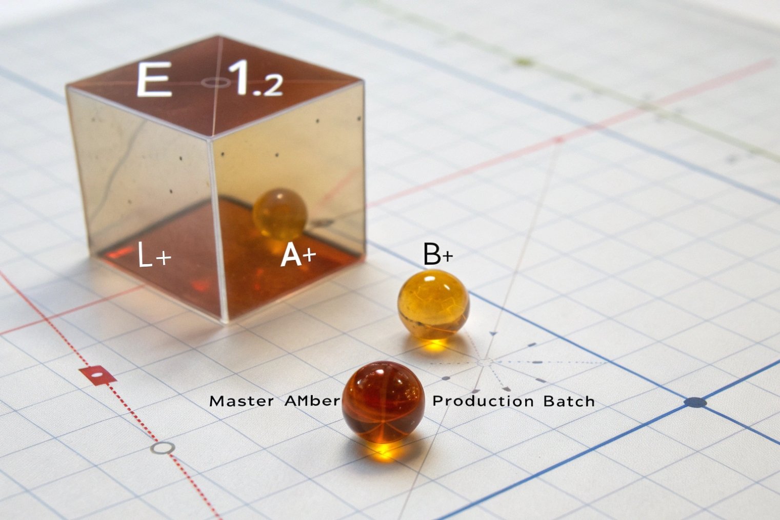 Master amber vs production batch color plotted as glass spheres in L*a*b* color space with ΔE value cube
