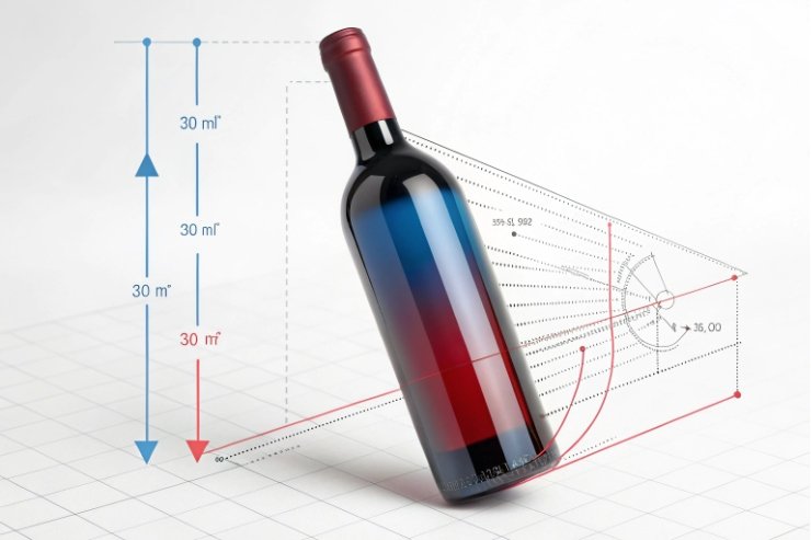 Wine bottle tilt diagram with measurement lines for stability and design geometry.