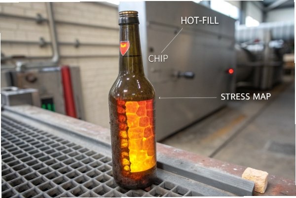 Hot fill bottle with chip showing stress map for breakage risk analysis