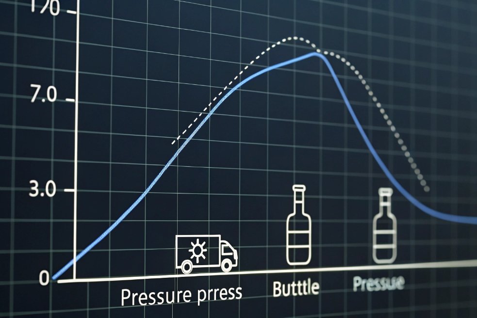 Graph showing glass bottle internal pressure performance curve with transport and storage icons