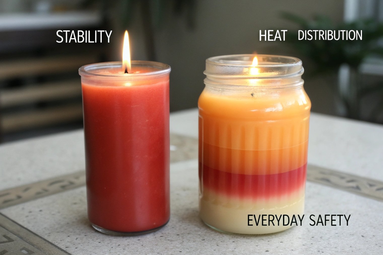 two glass container candles demonstrating stability heat distribution and everyday safety