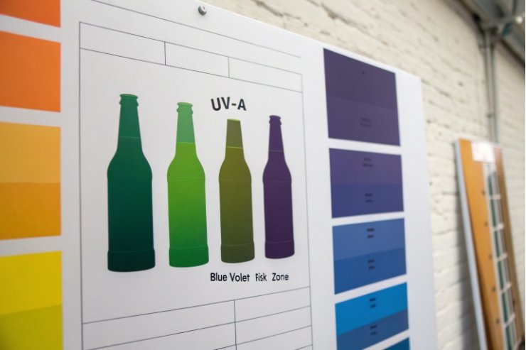 UV-A chart with colored beer bottle silhouettes showing glass light protection zones