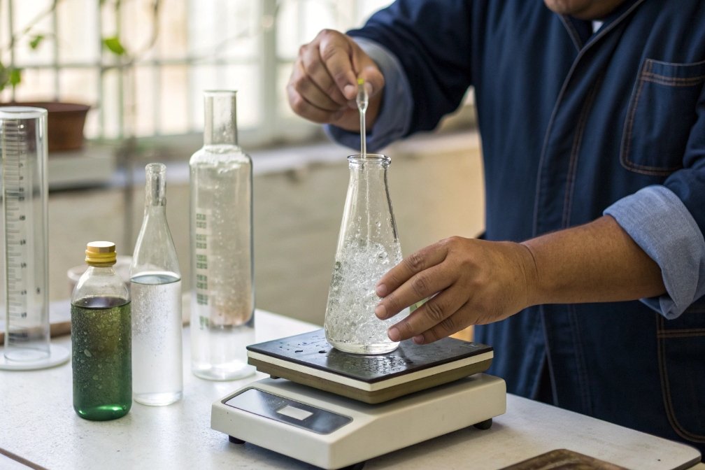Laboratory worker mixing liquid in a glass flask on scale