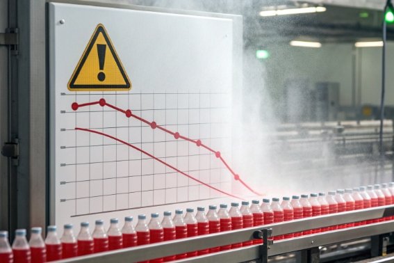 Plastic bottles on conveyor beside temperature chart and warning sign in mist