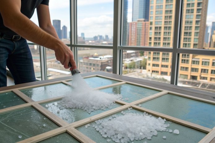 Technician spreading salt granules on large window panels inside building for test demonstration
