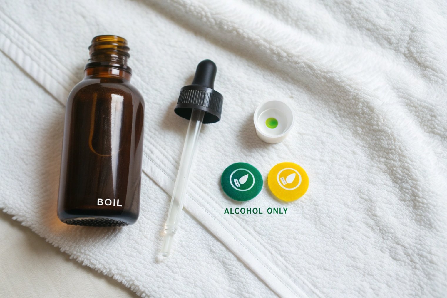 amber glass dropper bottle and components labeled for boiling and alcohol disinfection