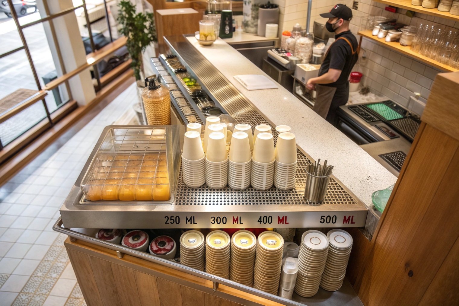 Coffee shop counter with stacked cups and juice containers ready for takeaway