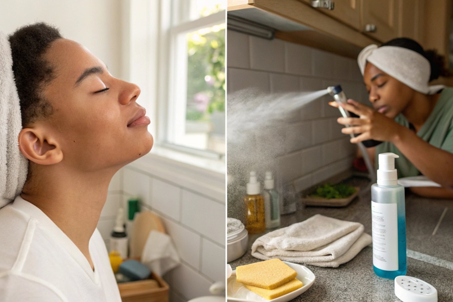 Split image of a person enjoying a refreshing facial mist in a bright bathroom on the left, and the same person using a spray bottle for chores in a tiled kitchen on the right