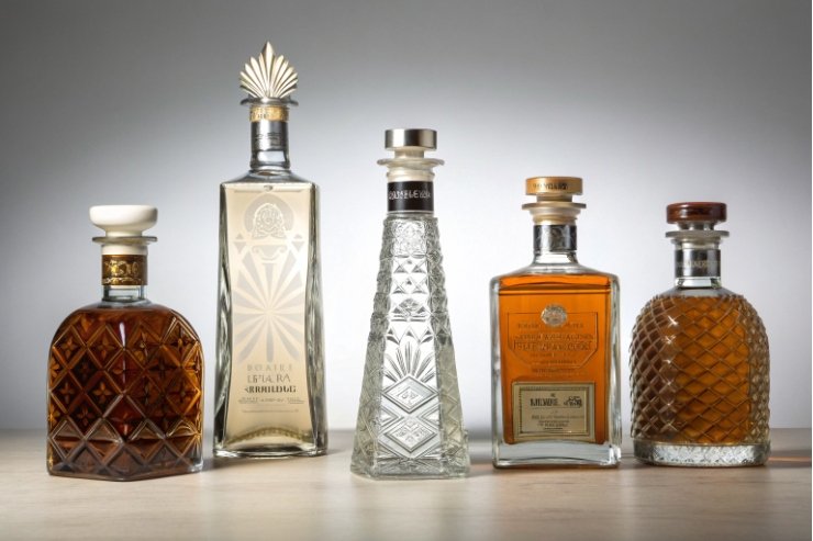 Assorted luxury custom spirits bottles with embossed patterns and closures on studio background