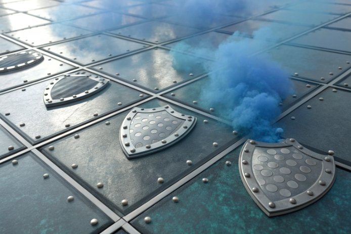 Protective shield icons on industrial metal surface with blue smoke concept for durability