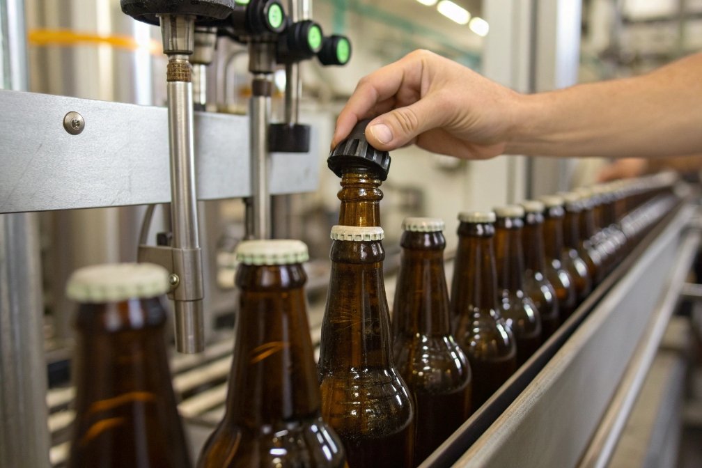 Worker placing a bottle cap on the production line