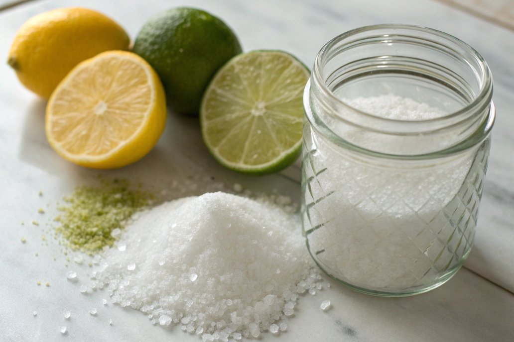Glass jar with sugar, lime, lemon, and peel