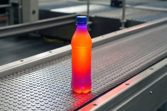 Color gradient bottle on factory conveyor for thermal inspection and quality control