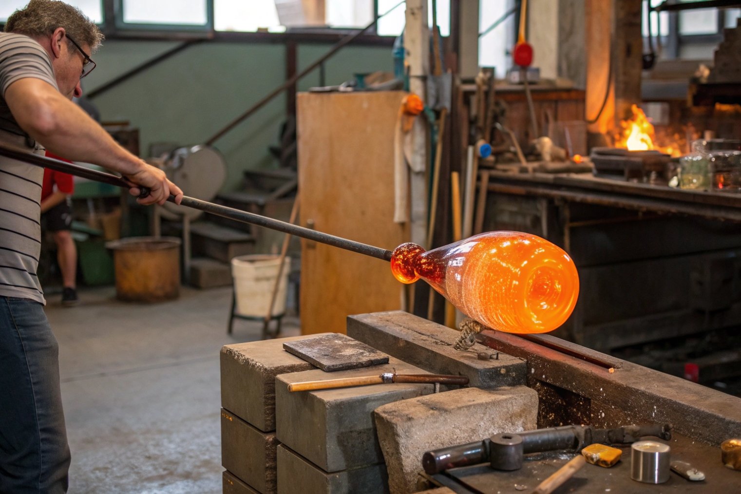 artisan blowing molten glass to form large decorative vase in workshop
