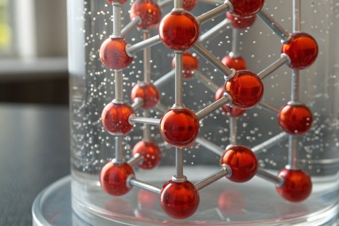 Red sphere atomic lattice model inside glass jar showing material structure and stability concept