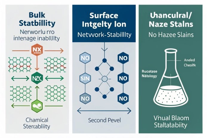 Infographic explaining bulk stability, surface integrity, and no haze stains in glass.