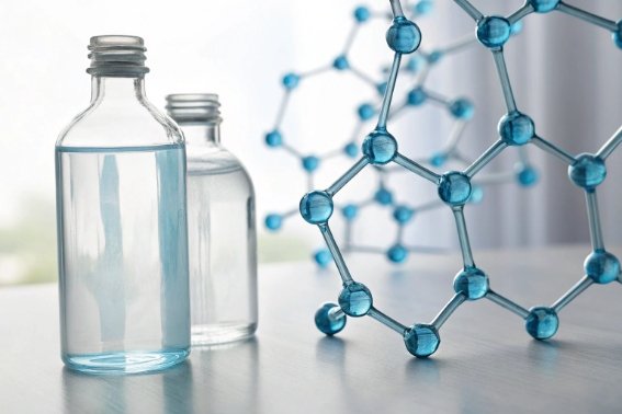 Clear pharmaceutical glass bottles beside molecular structure model for laboratory packaging concept