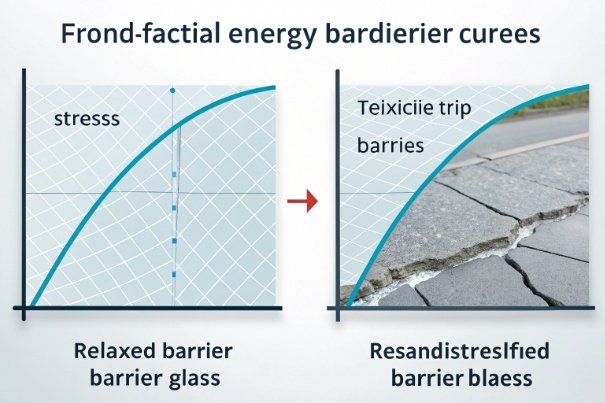 Stress energy barrier chart comparing glass performance with crack surface illustration