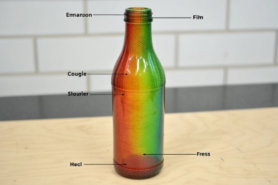 Glass bottle with thermal stress color map and labeled parts for defect and heat distribution review