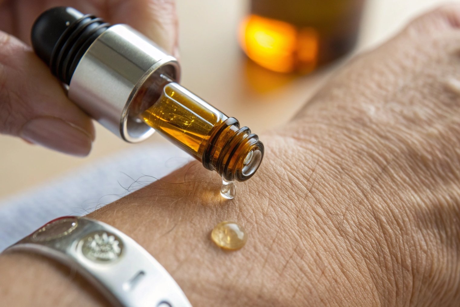 Amber glass roll on bottle applying skincare oil drops to mature hand skin.