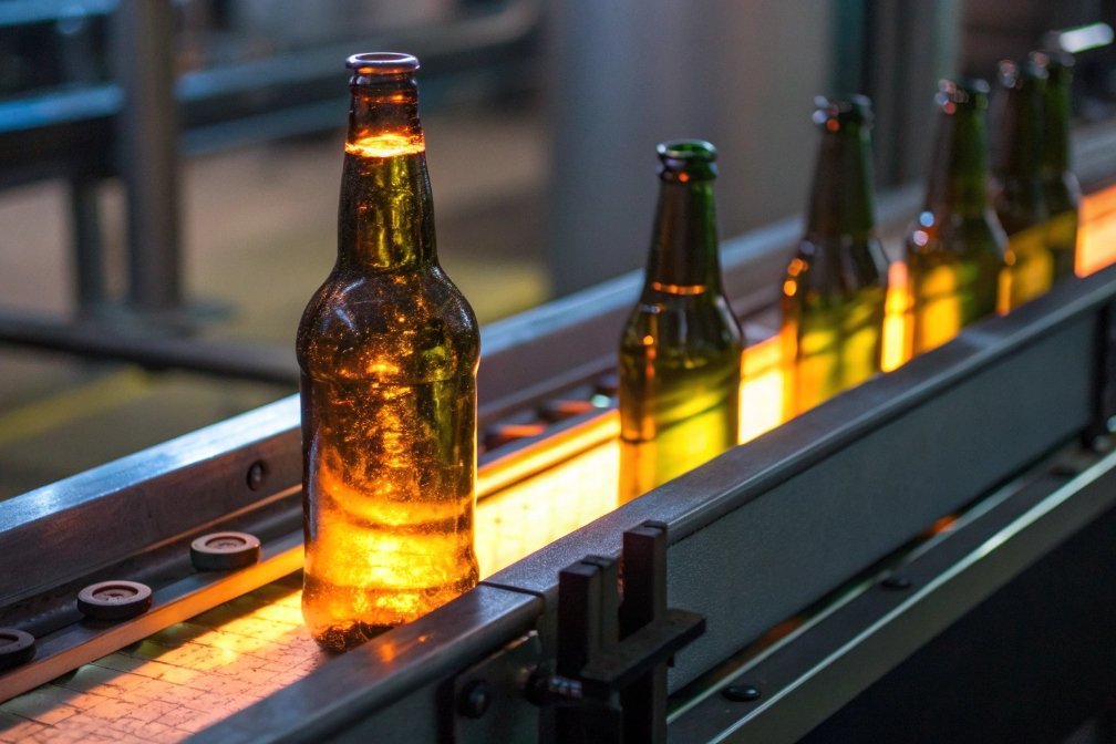 Glass bottle moving on conveyor belt, glowing from light inspection