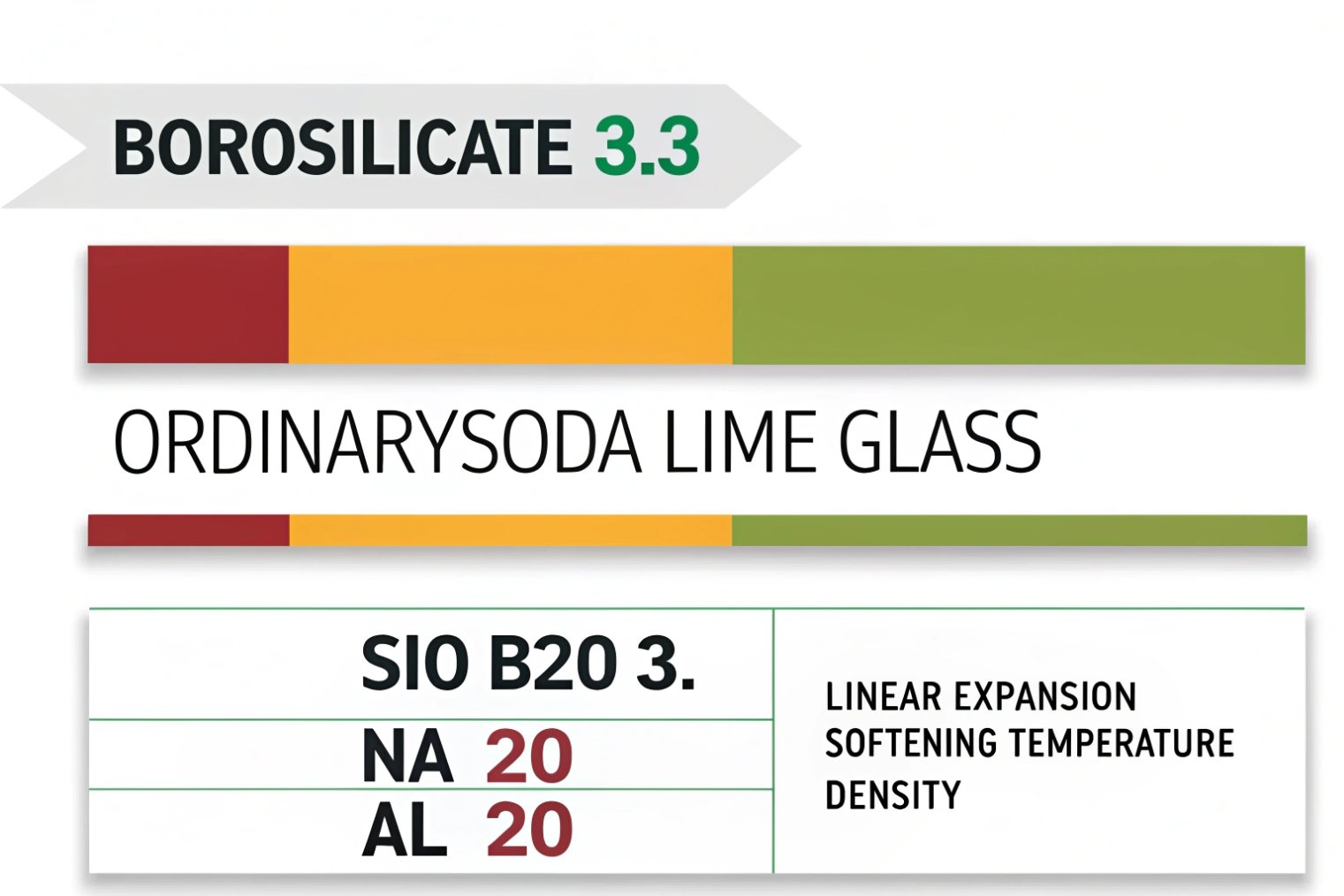 Infographic comparing borosilicate 3.3 and ordinary soda-lime glass properties for packaging for industrial glass bottles