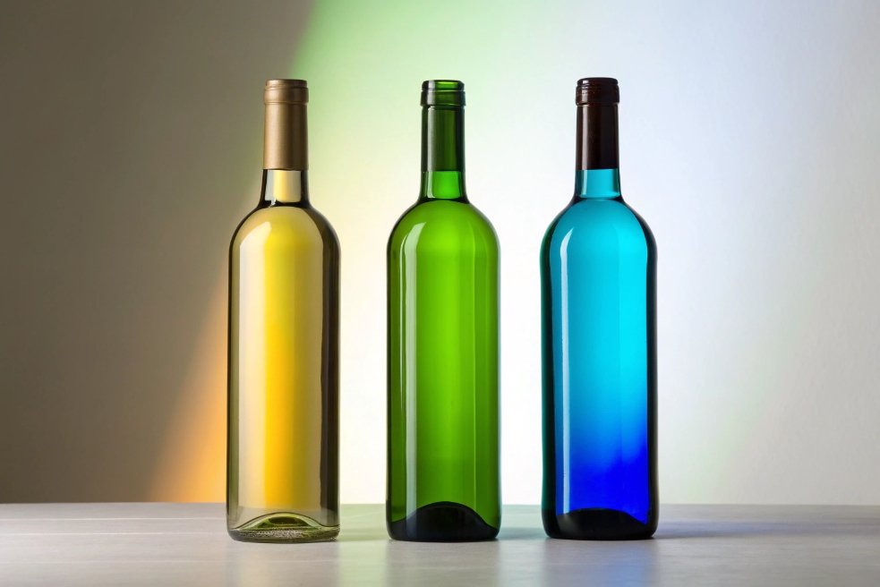 Yellow green and blue empty glass wine bottles standing under colored studio lighting