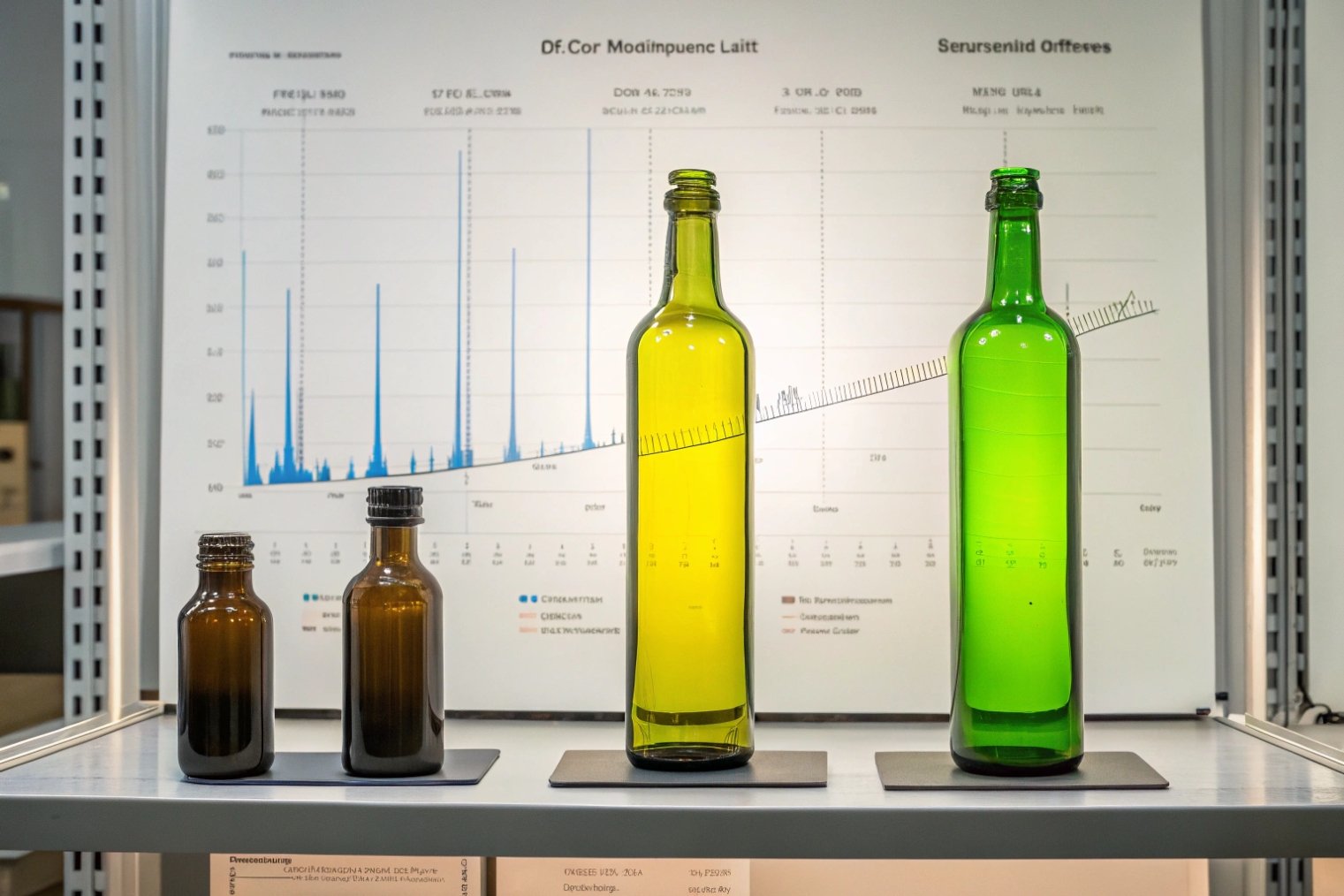 Amber and green olive oil glass bottles in front of light spectrum chart