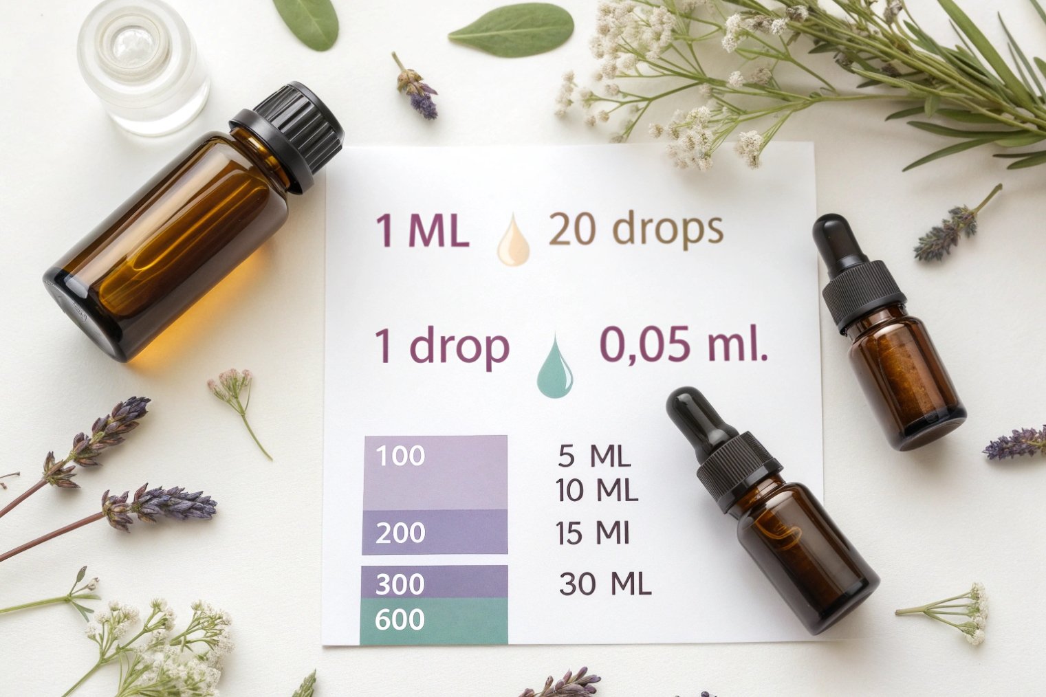amber dropper bottles beside illustrated chart converting milliliters to drops with herbs