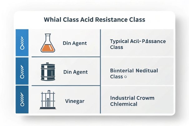 Glass acid resistance classification infographic with icons for chemicals and industrial cleaning agents