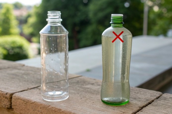 Clear and green glass bottles comparison with reject mark for quality control inspection