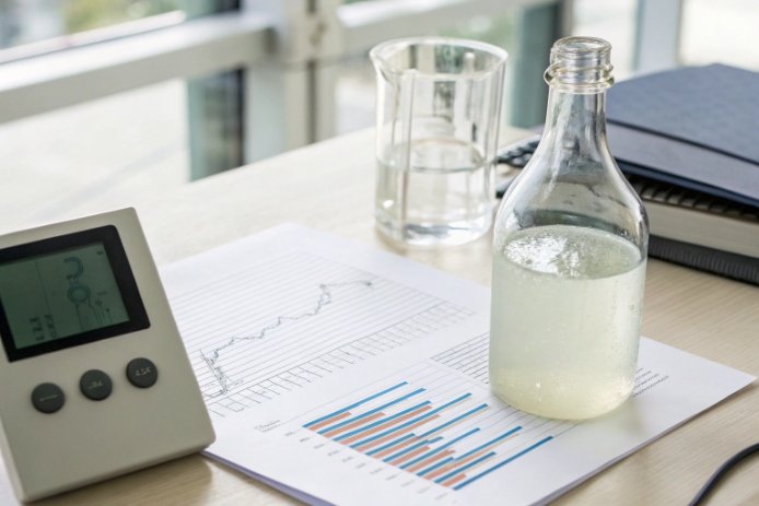Glass bottle sample beside charts and lab beaker for quality testing documentation
