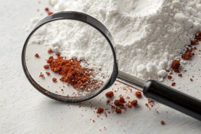 Magnifying glass inspecting red and white powder contaminants for quality control testing