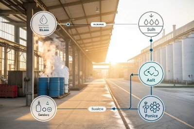 Glass factory emissions monitoring infographic showing sensors and air quality metrics
