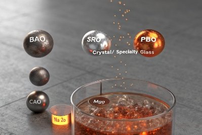 Specialty glass chemistry concept with oxide spheres above drink showing crystal additives