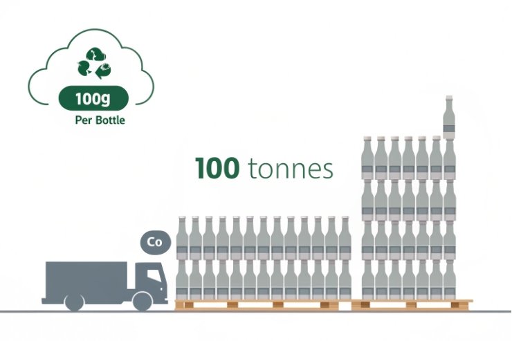 Infographic showing lightweight glass bottles palletized for shipping, 100g per bottle target