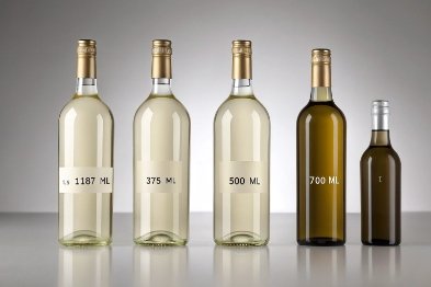 Glass bottle size lineup showing 187ml, 375ml, 500ml, 700ml and mini bottle