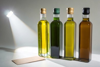 Four glass olive oil bottles in clear and dark green with caps