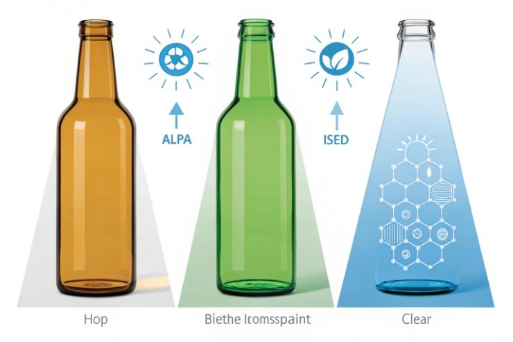 Infographic comparing amber green and clear glass bottles for beverage protection