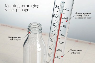 Glass bottle inspection diagram showing microscope view and temperature measurement scale