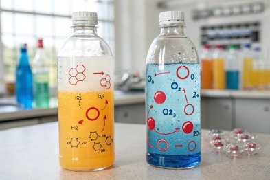 Two clear PET bottles with oxygen molecule graphics demonstrating beverage packaging science