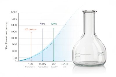 UV transmission chart beside clear glass bottle, comparing light protection across wavelengths