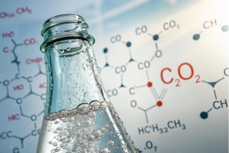 Close-up carbonated glass bottle with CO2 chemistry diagram background.