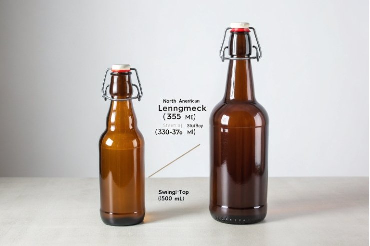 Two amber swing-top glass bottles, 355ml and 500ml