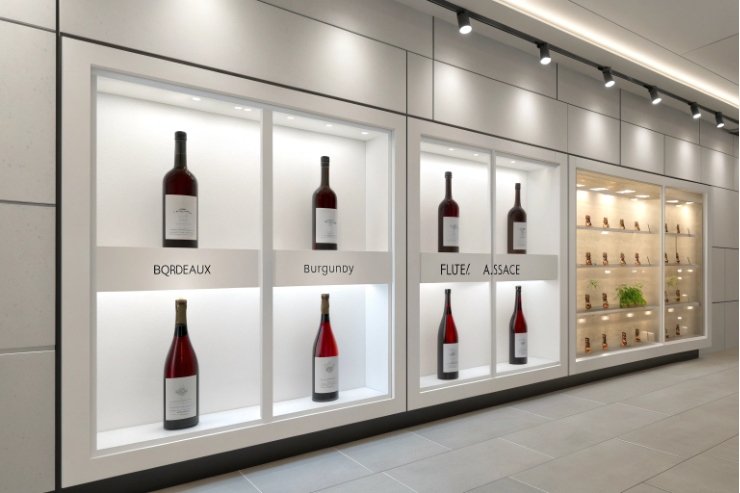 Modern showroom wall displaying Bordeaux Burgundy and flute wine bottle shapes